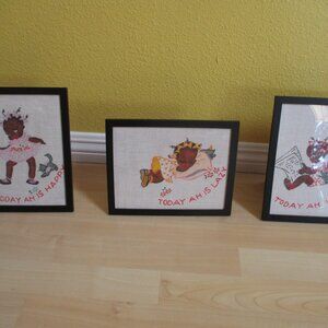 FINAL SALE! 3 Vtg cute little Black girl Tea Towels, HAND PAINTED in NEW Frames